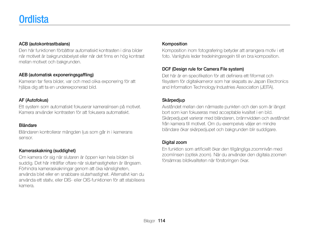 Samsung EC-WB100ZBABE2 manual Ordlista, DCF Design rule for Camera File system, Skärpedjup 