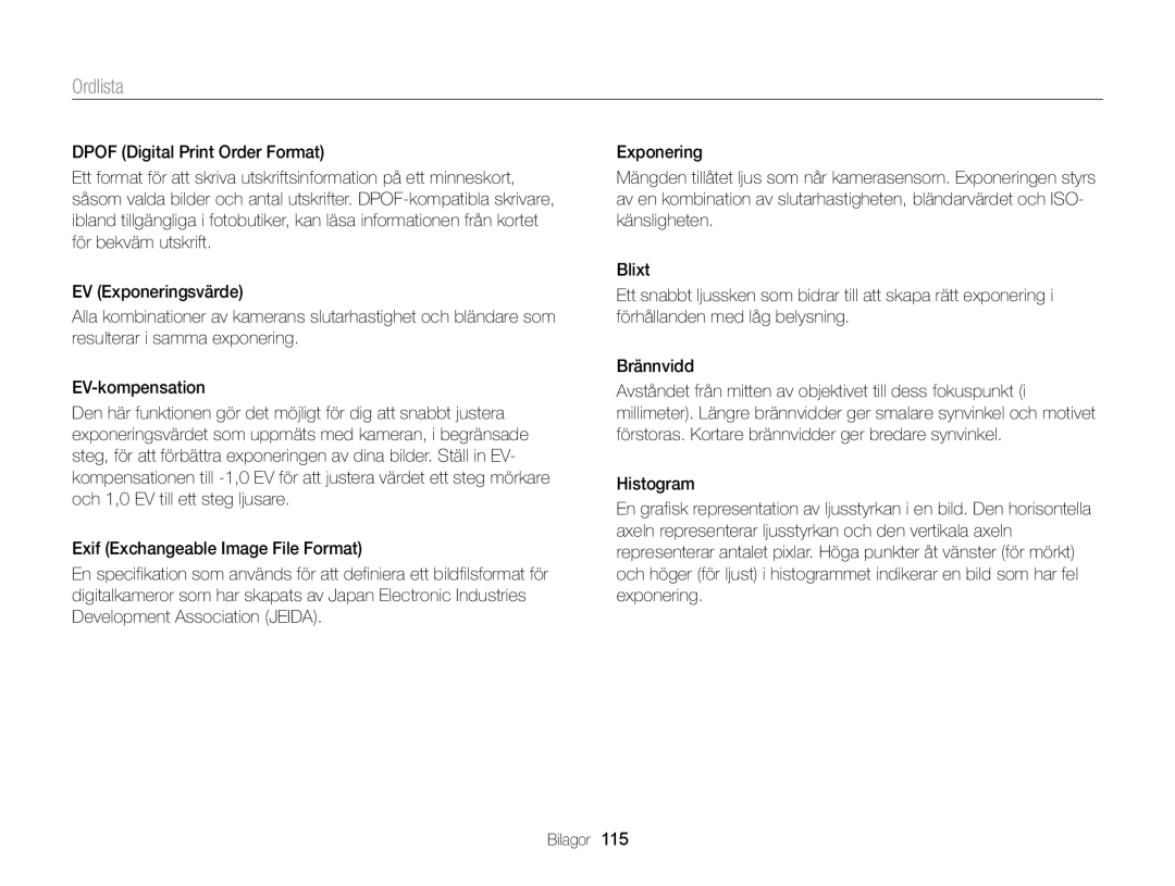 Samsung EC-WB100ZBABE2 manual Ordlista 