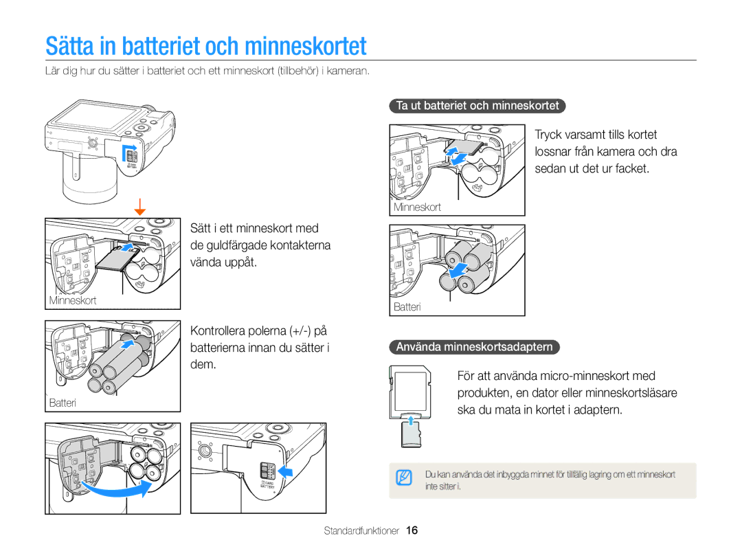 Samsung EC-WB100ZBABE2 Sätta in batteriet och minneskortet, Kontrollera polerna +/- på, Batterierna innan du sätter i dem 