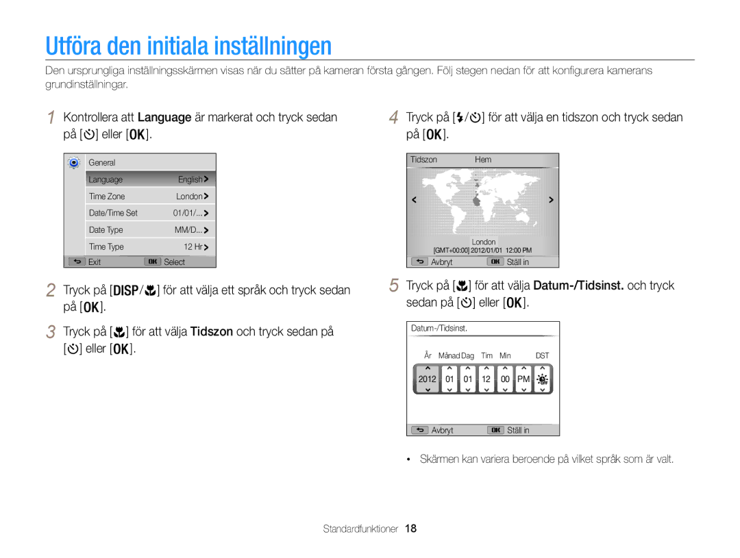 Samsung EC-WB100ZBABE2 manual Utföra den initiala inställningen, Sedan på Eller, Tryck på 