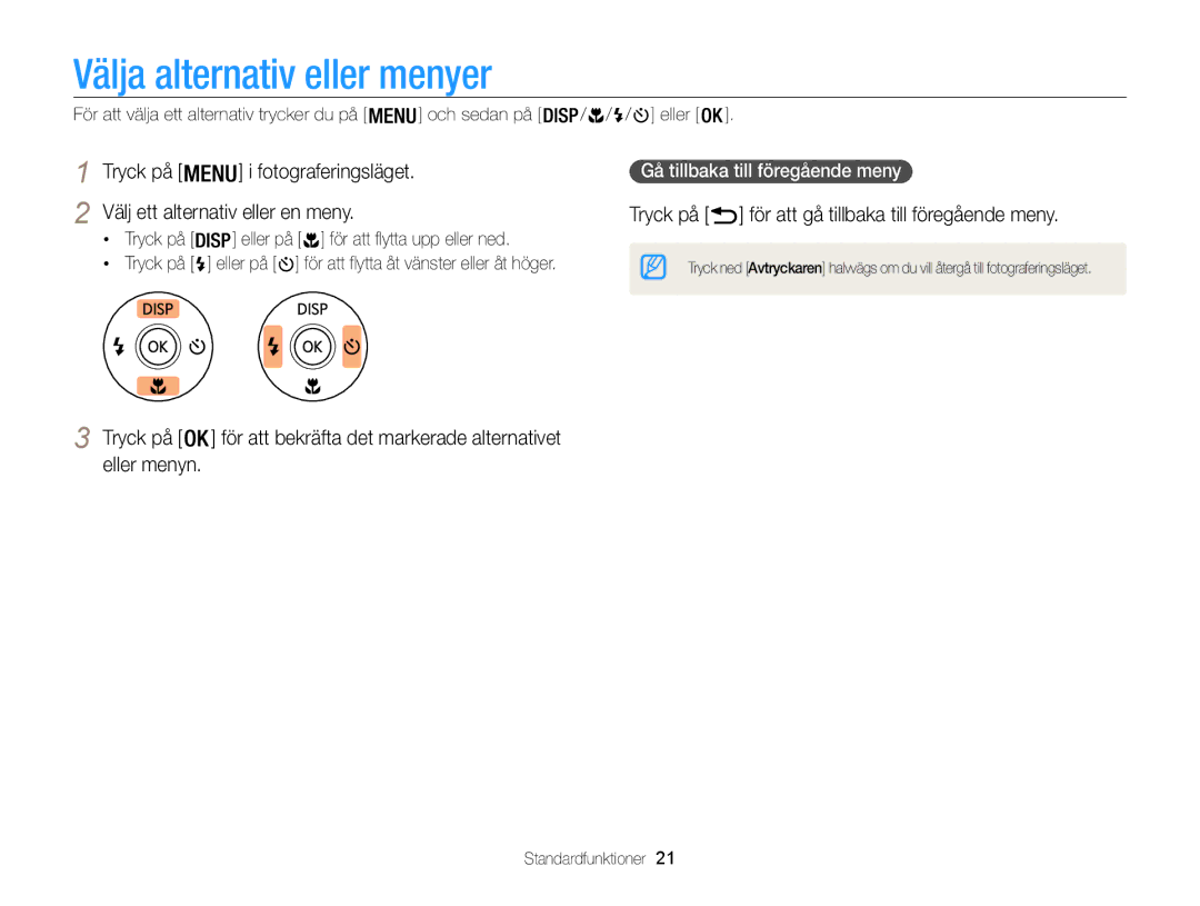 Samsung EC-WB100ZBABE2 manual Välja alternativ eller menyer, Tryck på för att gå tillbaka till föregående meny 