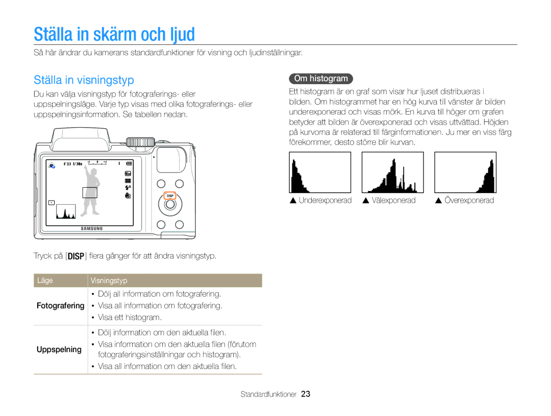 Samsung EC-WB100ZBABE2 manual Ställa in skärm och ljud, Ställa in visningstyp, Om histogram, Läge Visningstyp 