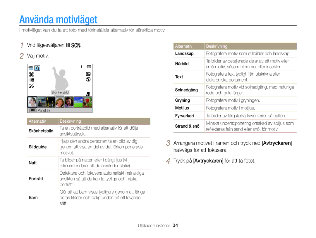 Samsung EC-WB100ZBABE2 manual Använda motivläget, Vrid lägesväljaren till Välj motiv 