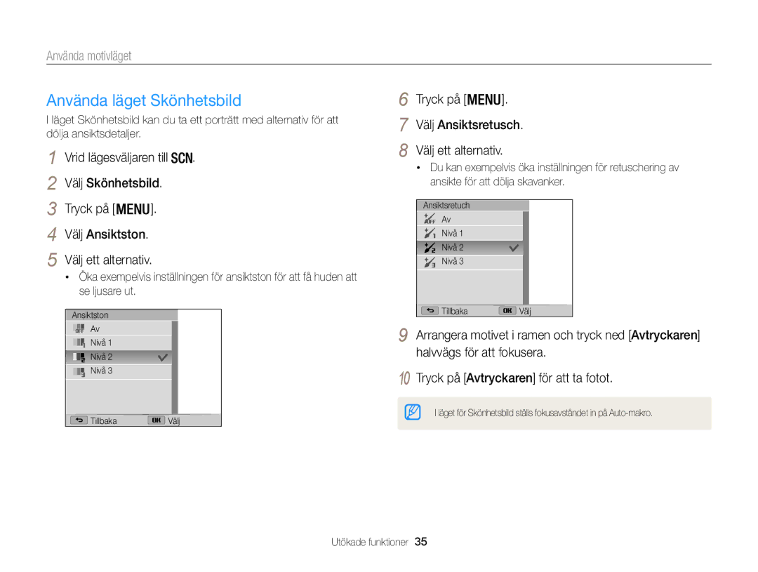 Samsung EC-WB100ZBABE2 manual Använda läget Skönhetsbild, Använda motivläget, Välj Ansiktsretusch, Välj Skönhetsbild 