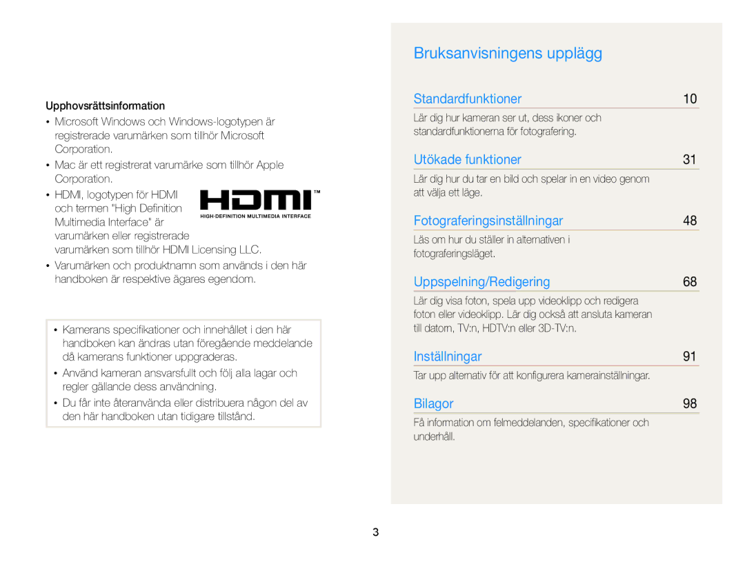 Samsung EC-WB100ZBABE2 Bruksanvisningens upplägg, Att välja ett läge, Till datorn, TVn, HDTVn eller 3D-TVn, Underhåll 