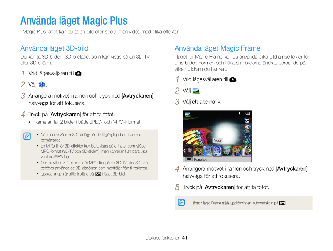 Samsung EC-WB100ZBABE2 manual Använda läget Magic Plus, Använda läget 3D-bild, Använda läget Magic Frame, Välj 