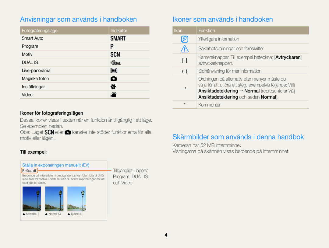 Samsung EC-WB100ZBABE2 Anvisningar som används i handboken, Ikoner som används i handboken, Fotograferingsläge Indikator 