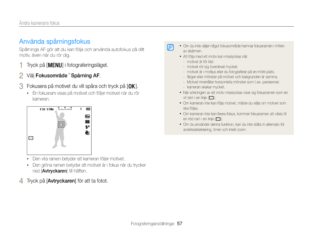 Samsung EC-WB100ZBABE2 manual Använda spårningsfokus, Tryck på Fotograferingsläget Välj Fokusområde → Spårning AF 