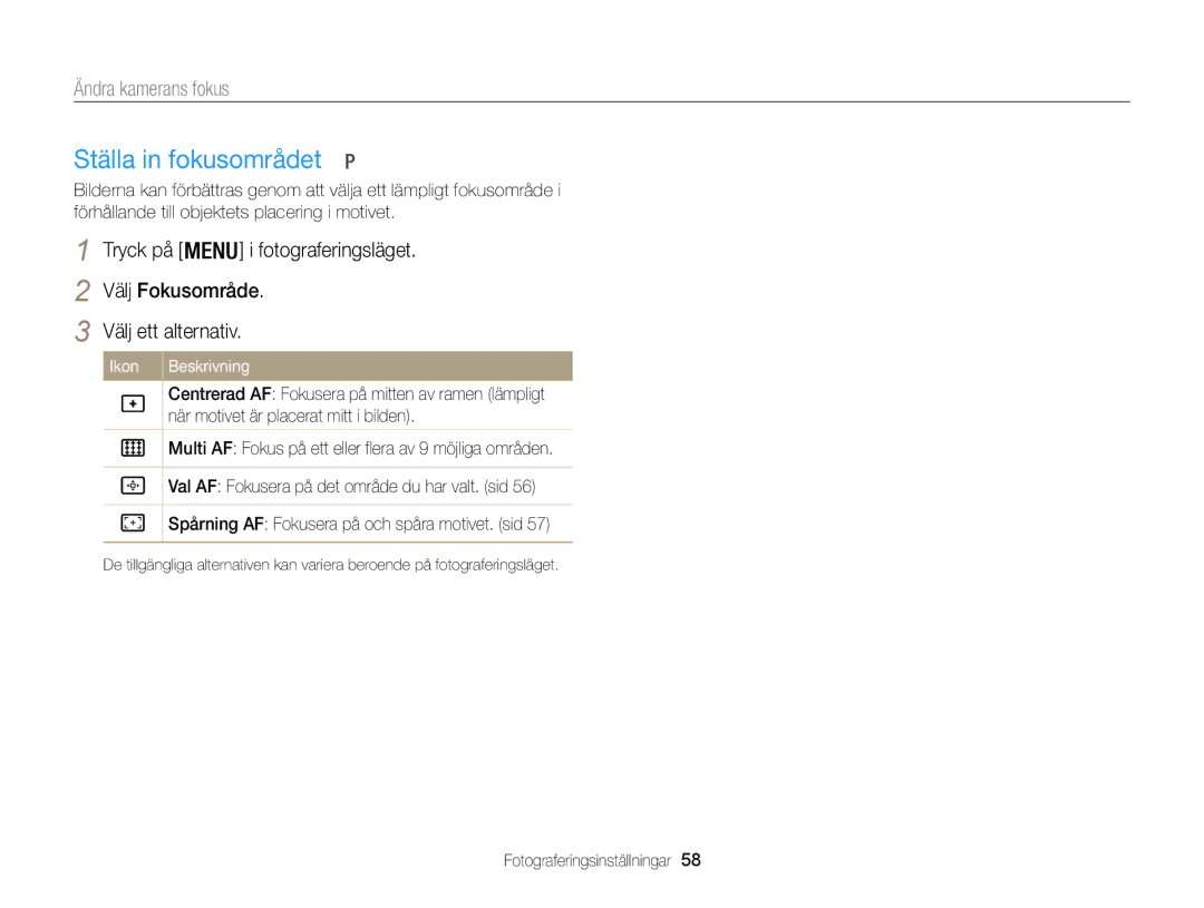 Samsung EC-WB100ZBABE2 manual Ställa in fokusområdet 