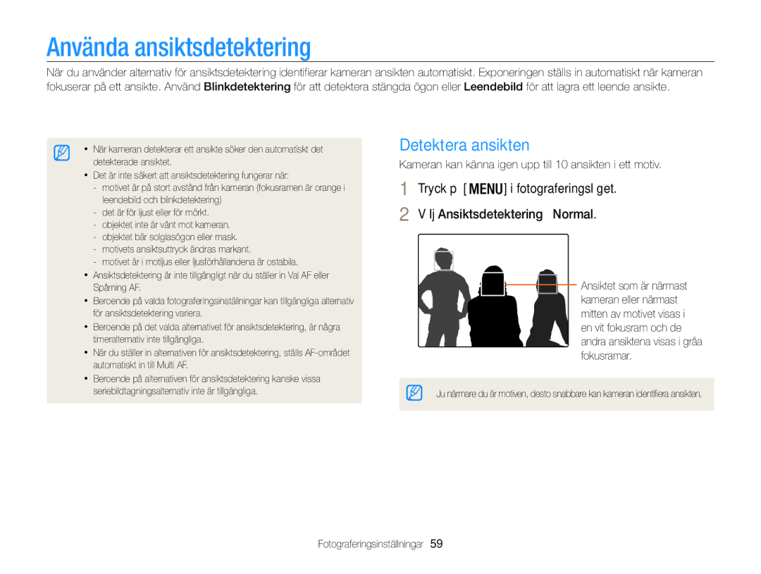 Samsung EC-WB100ZBABE2 manual Använda ansiktsdetektering, Detektera ansikten 