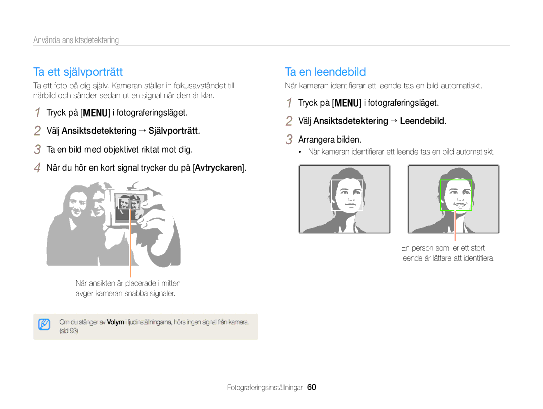 Samsung EC-WB100ZBABE2 manual Ta ett självporträtt, Ta en leendebild, Använda ansiktsdetektering 