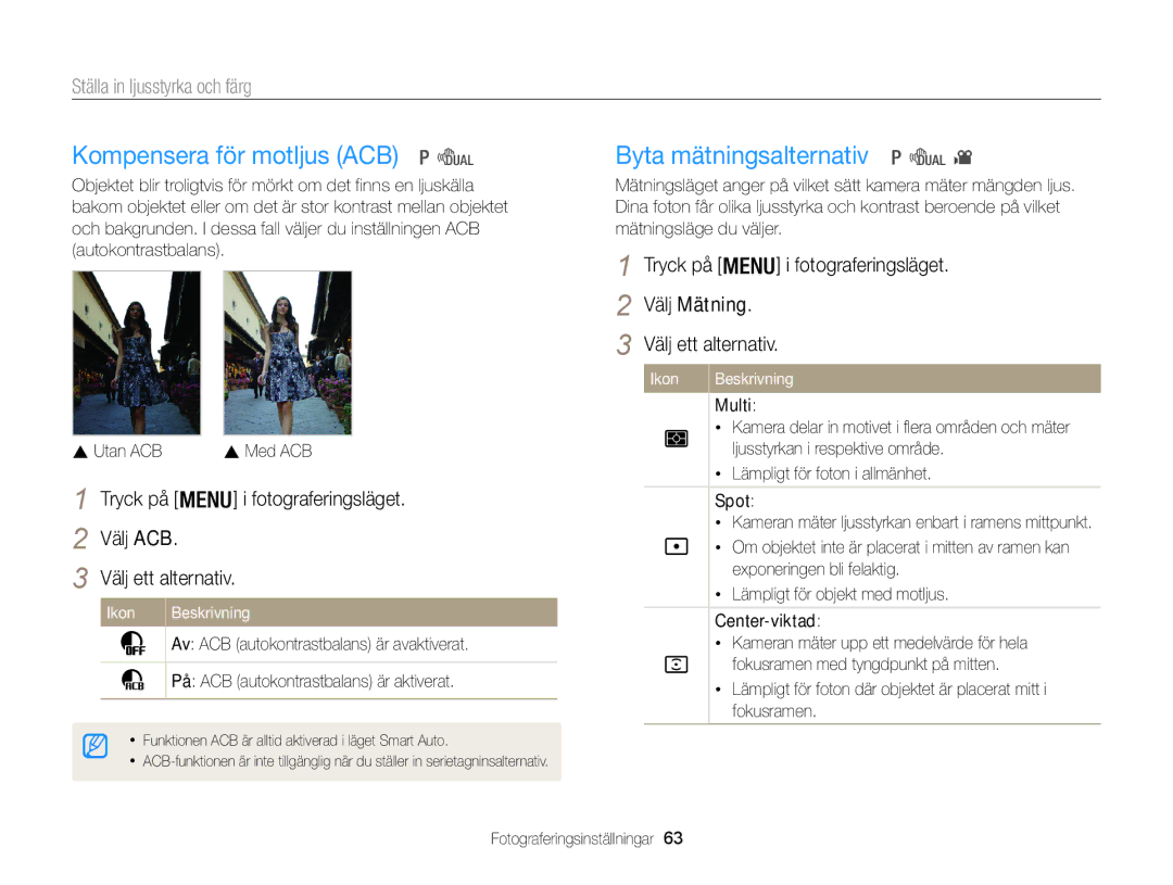 Samsung EC-WB100ZBABE2 manual Kompensera för motljus ACB, Byta mätningsalternativ, Ställa in ljusstyrka och färg 