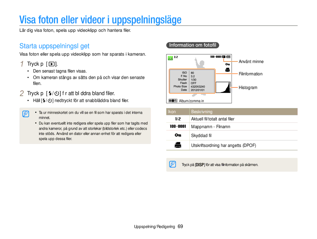 Samsung EC-WB100ZBABE2 manual Visa foton eller videor i uppspelningsläge, Starta uppspelningsläget, Information om fotofil 