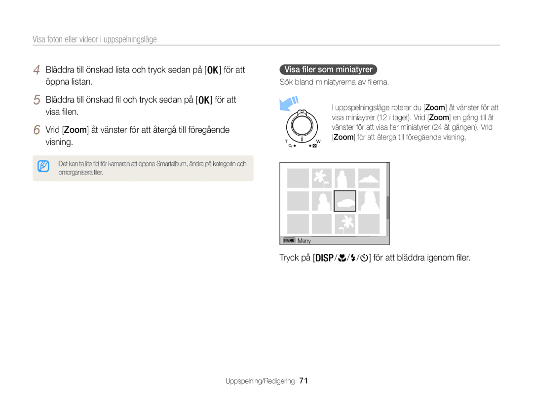 Samsung EC-WB100ZBABE2 manual Tryck på / / / för att bläddra igenom filer, Visa filer som miniatyrer 