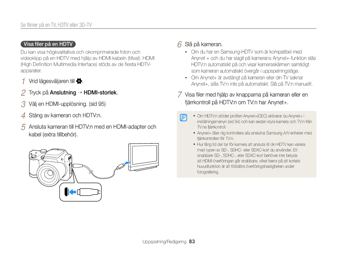 Samsung EC-WB100ZBABE2 Se filmer på en TV, Hdtv eller 3D-TV, Tryck på Anslutning → HDMI-storlek, Kabel extra tillbehör 