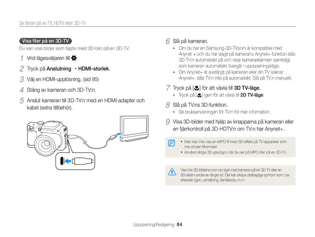 Samsung EC-WB100ZBABE2 manual Stäng av kameran och 3D-TVn, Tryck på för att växla till 3D TV-läge, Slå på TVns 3D-funktion 