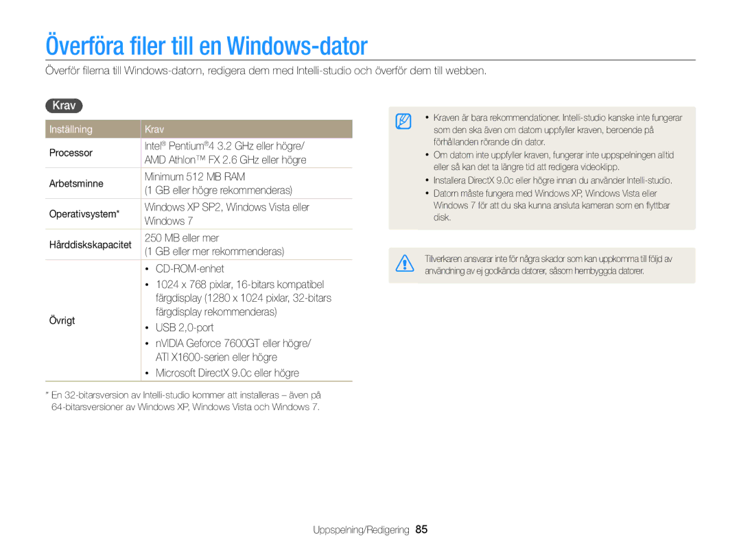 Samsung EC-WB100ZBABE2 manual Överföra filer till en Windows-dator, Inställning Krav 