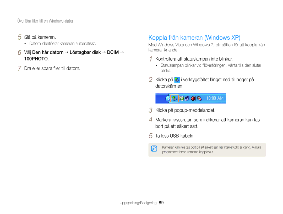 Samsung EC-WB100ZBABE2 Koppla från kameran Windows XP, Kontrollera att statuslampan inte blinkar, Bort på ett säkert sätt 