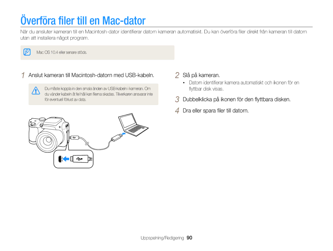 Samsung EC-WB100ZBABE2 manual Överföra filer till en Mac-dator, Anslut kameran till Macintosh-datorn med USB-kabeln 