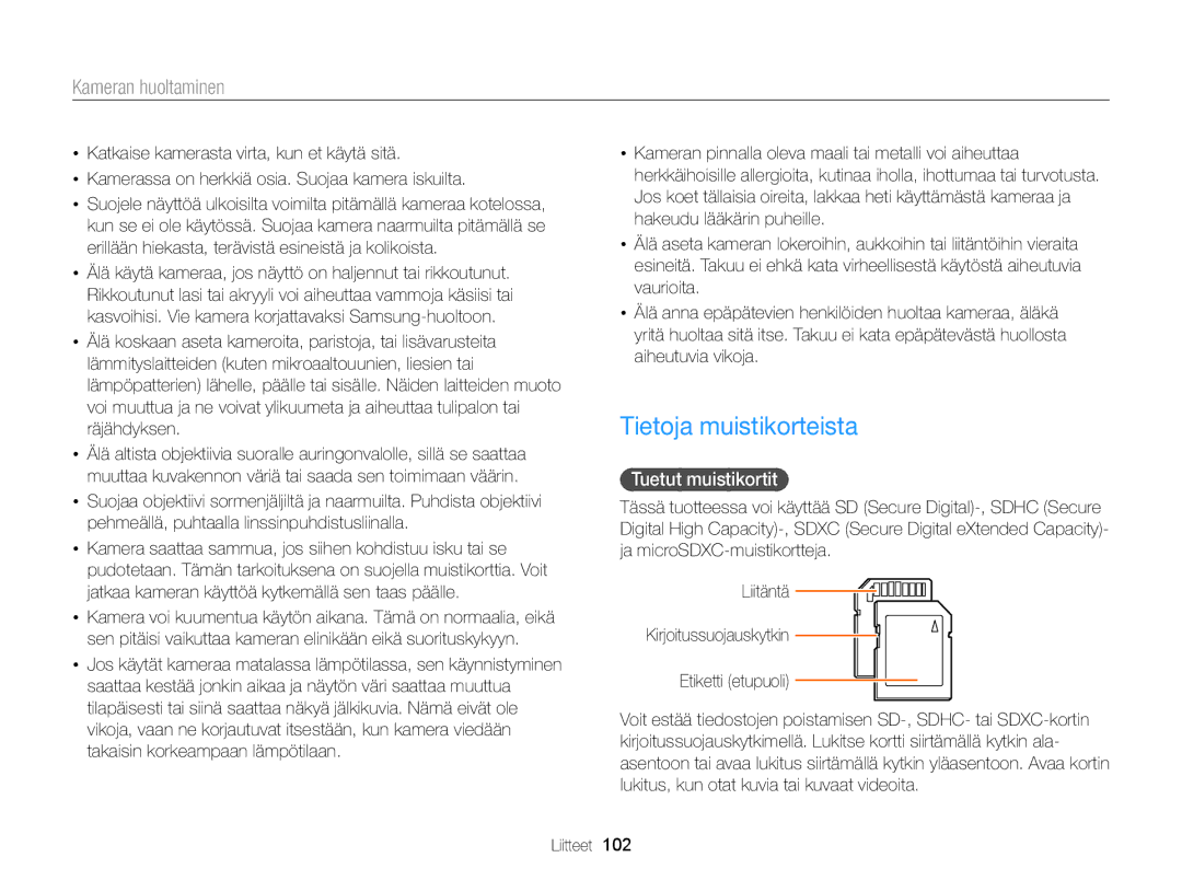 Samsung EC-WB100ZBABE2 manual Tietoja muistikorteista, Tuetut muistikortit 