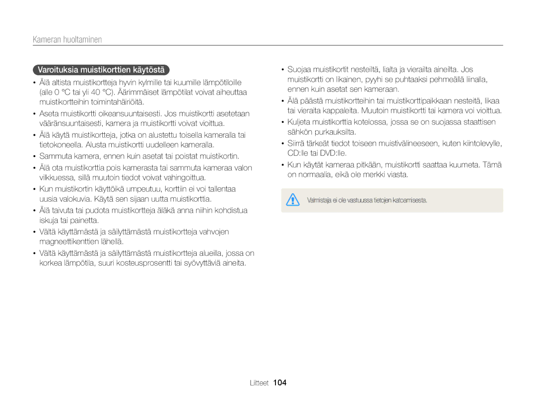 Samsung EC-WB100ZBABE2 manual Varoituksia muistikorttien käytöstä 