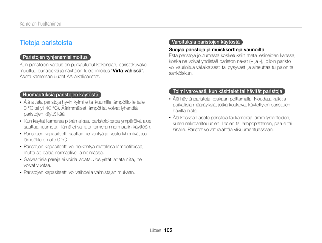 Samsung EC-WB100ZBABE2 manual Tietoja paristoista, Paristojen tyhjenemisilmoitus, Huomautuksia paristojen käytöstä 