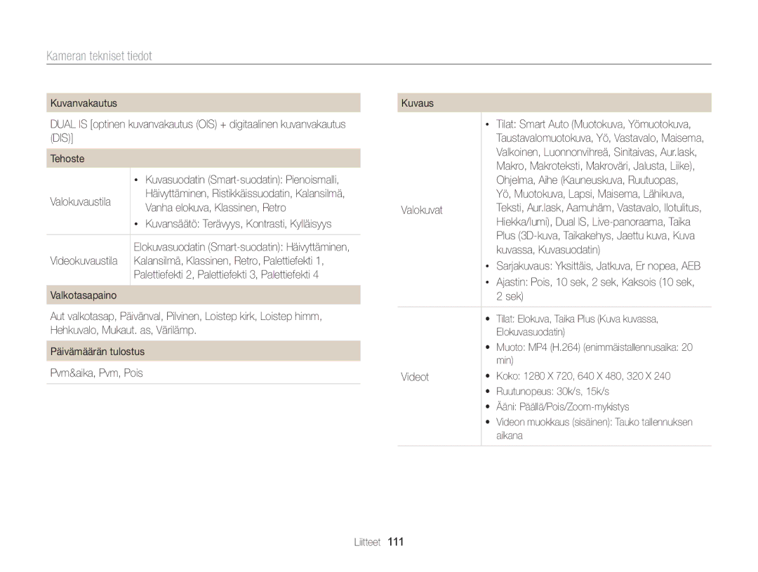 Samsung EC-WB100ZBABE2 manual Kameran tekniset tiedot 