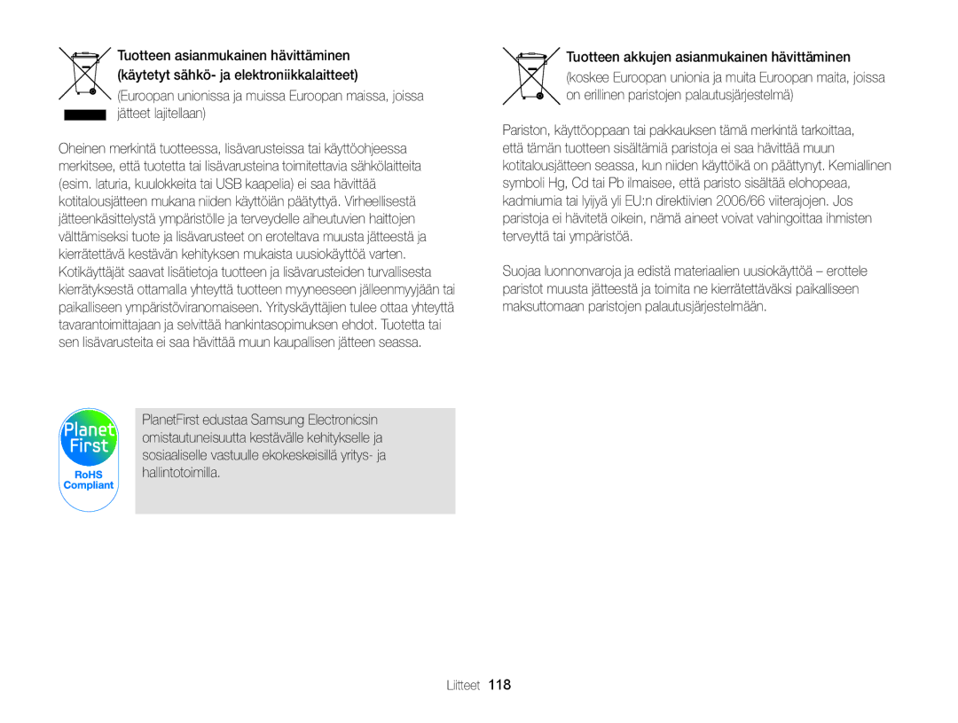 Samsung EC-WB100ZBABE2 manual Tuotteen akkujen asianmukainen hävittäminen 