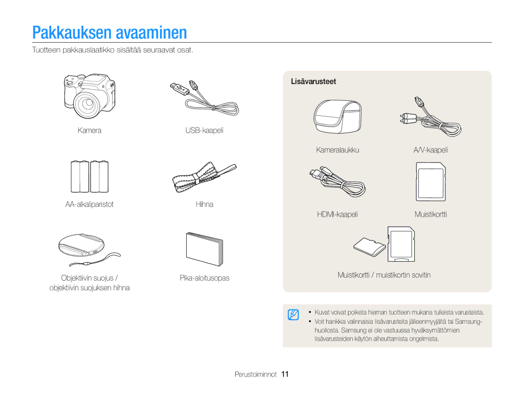 Samsung EC-WB100ZBABE2 manual Pakkauksen avaaminen, Perustoiminnot 