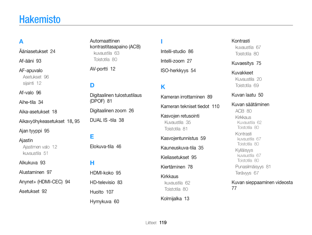 Samsung EC-WB100ZBABE2 manual Hakemisto 