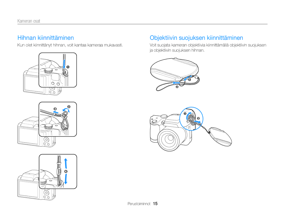 Samsung EC-WB100ZBABE2 manual Hihnan kiinnittäminen, Objektiivin suojuksen kiinnittäminen 