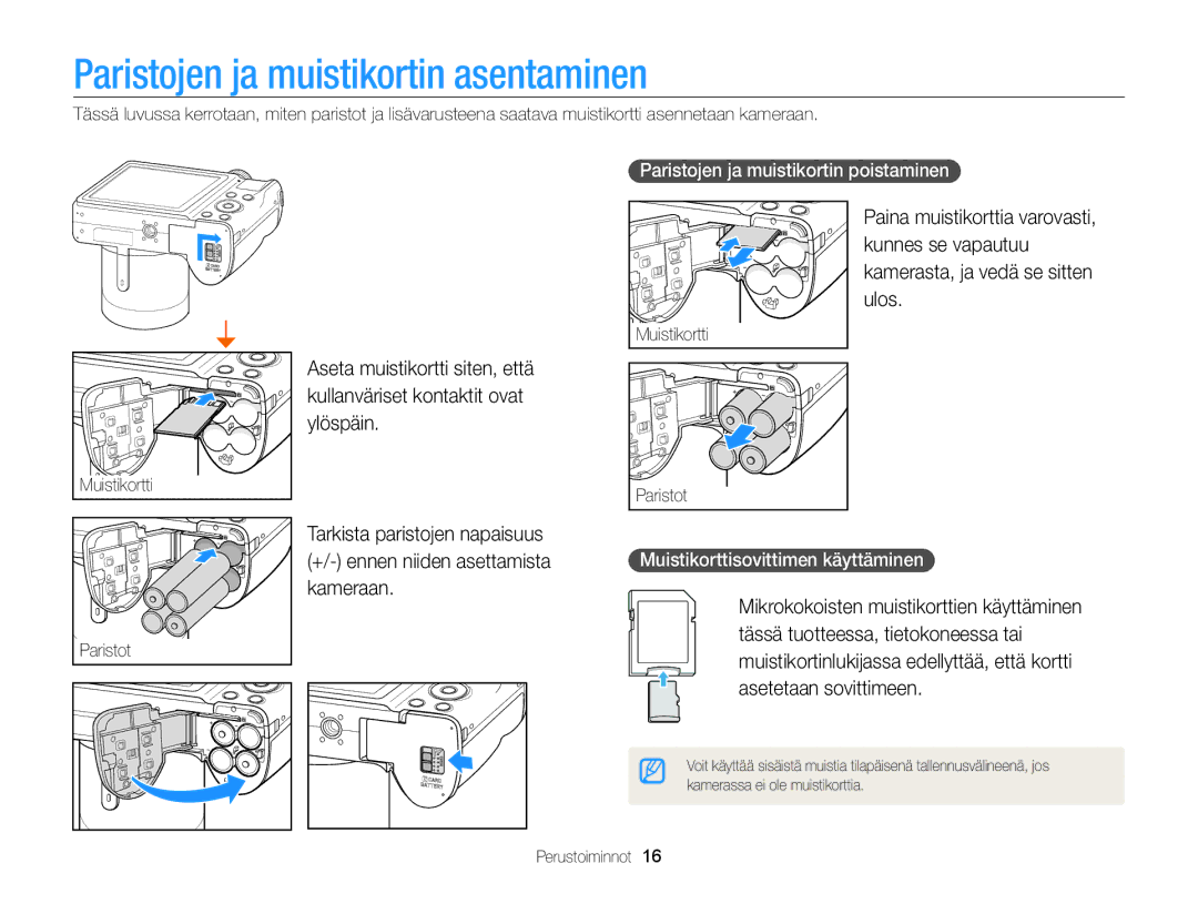 Samsung EC-WB100ZBABE2 manual Paristojen ja muistikortin asentaminen, Tarkista paristojen napaisuus, Muistikortti 