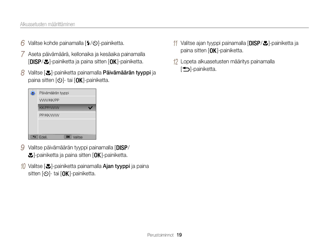 Samsung EC-WB100ZBABE2 manual Alkuasetusten määrittäminen, Valitse kohde painamalla / -painiketta 