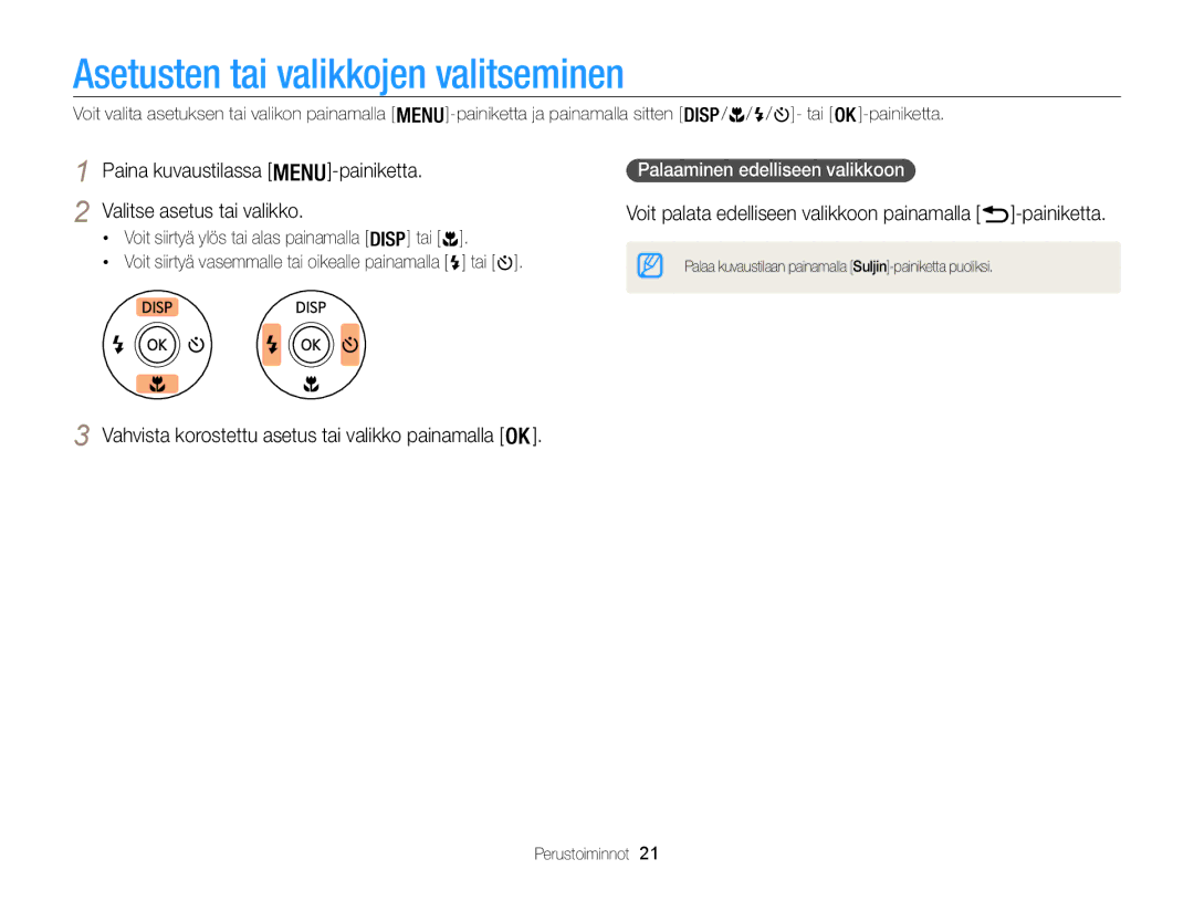 Samsung EC-WB100ZBABE2 Asetusten tai valikkojen valitseminen, Paina kuvaustilassa -painiketta Valitse asetus tai valikko 