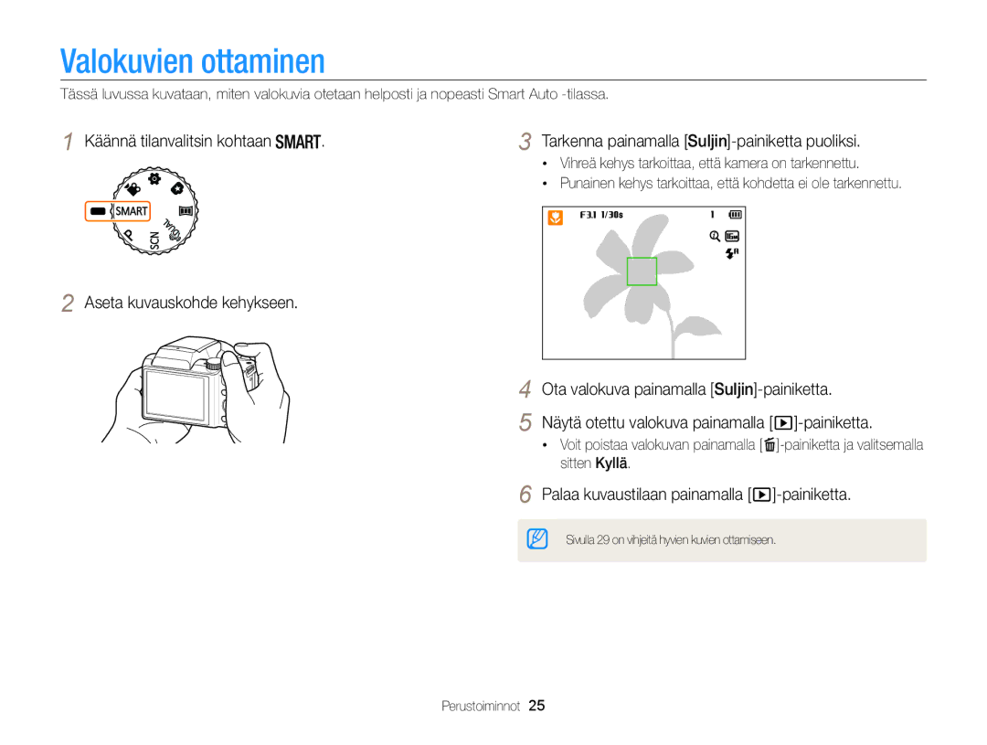 Samsung EC-WB100ZBABE2 manual Valokuvien ottaminen, Tarkenna painamalla Suljin-painiketta puoliksi 