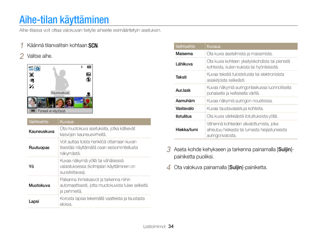 Samsung EC-WB100ZBABE2 manual Aihe-tilan käyttäminen, Käännä tilanvalitsin kohtaan Valitse aihe, Vaihtoehto Kuvaus 