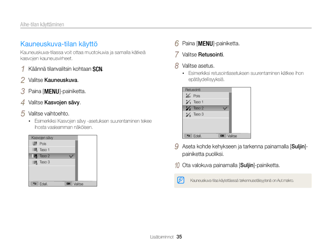 Samsung EC-WB100ZBABE2 manual Kauneuskuva-tilan käyttö, Aihe-tilan käyttäminen 