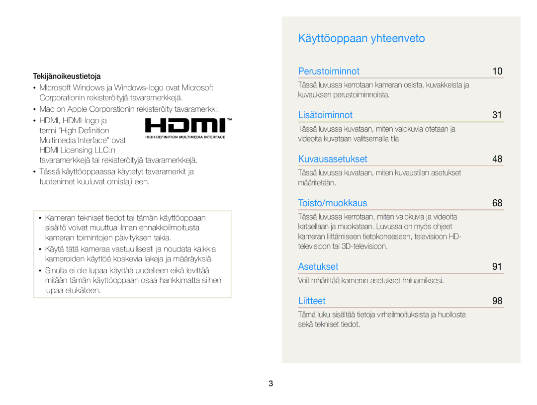 Samsung EC-WB100ZBABE2 manual Käyttöoppaan yhteenveto 