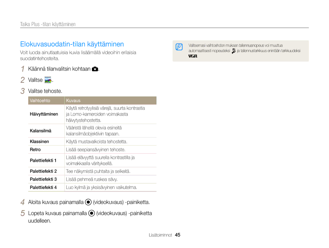 Samsung EC-WB100ZBABE2 manual Elokuvasuodatin-tilan käyttäminen 