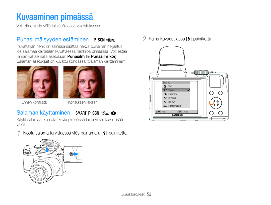 Samsung EC-WB100ZBABE2 manual Kuvaaminen pimeässä, Punasilmäisyyden estäminen, Salaman käyttäminen 