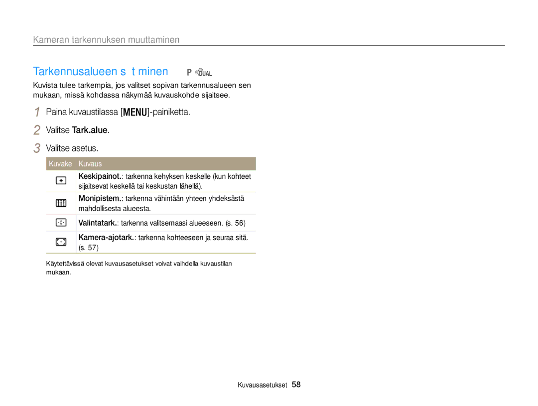 Samsung EC-WB100ZBABE2 manual Tarkennusalueen säätäminen 