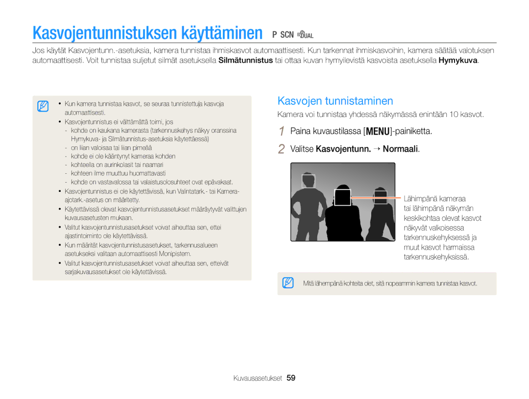 Samsung EC-WB100ZBABE2 manual Kasvojentunnistuksen käyttäminen, Kasvojen tunnistaminen 