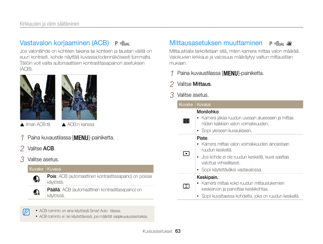 Samsung EC-WB100ZBABE2 manual Vastavalon korjaaminen ACB, Mittausasetuksen muuttaminen, Kirkkauden ja värin säätäminen 