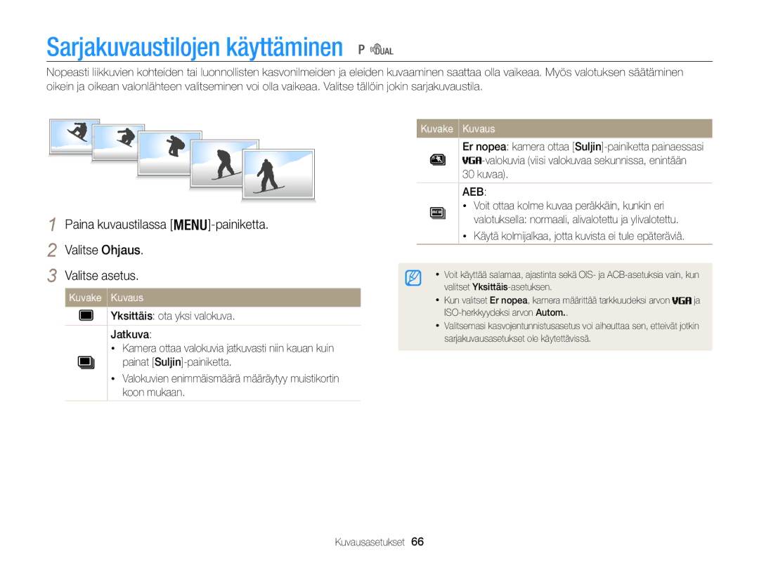 Samsung EC-WB100ZBABE2 manual Sarjakuvaustilojen käyttäminen, Aeb 