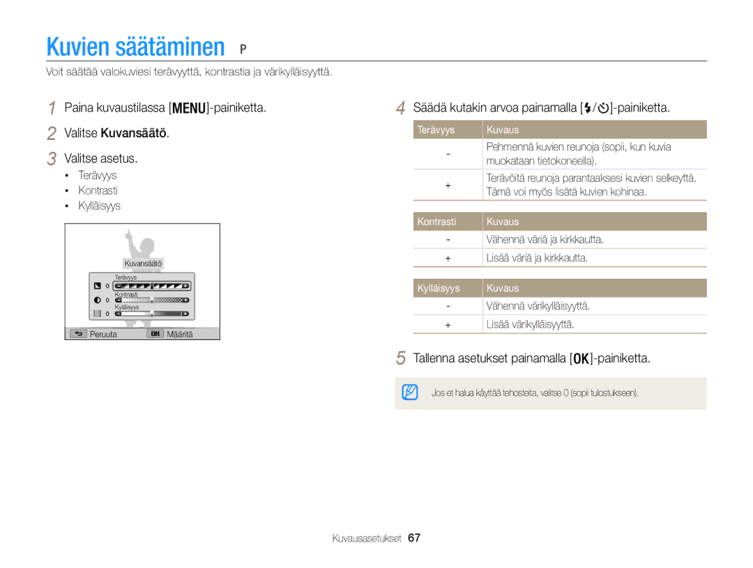 Samsung EC-WB100ZBABE2 Kuvien säätäminen, Säädä kutakin arvoa painamalla / -painiketta, Terävyys, Kontrasti, Kylläisyys 