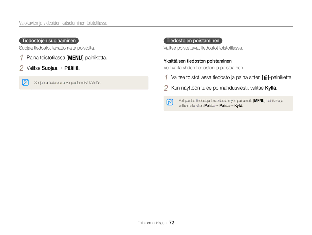 Samsung EC-WB100ZBABE2 manual Paina toistotilassa, Valitse Suojaa → Päällä 