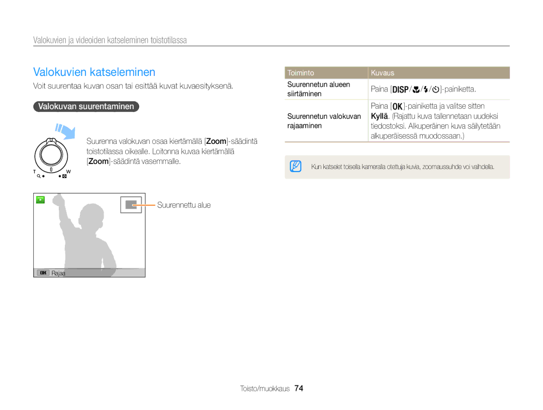 Samsung EC-WB100ZBABE2 manual Valokuvien katseleminen, Valokuvan suurentaminen 