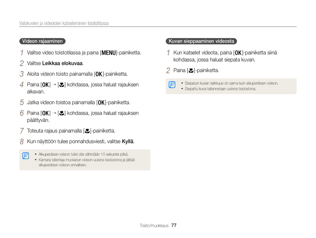 Samsung EC-WB100ZBABE2 manual Valitse Leikkaa elokuvaa, Alkavan, Päättyvän Toteuta rajaus painamalla -painiketta 