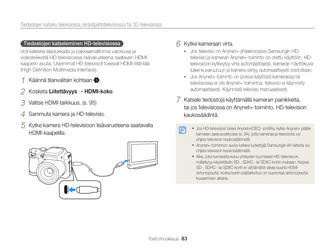 Samsung EC-WB100ZBABE2 manual Kosketa Liitettävyys → HDMI-koko, Valitse HDMI-tarkkuus. s, Sammuta kamera ja HD-televisio 