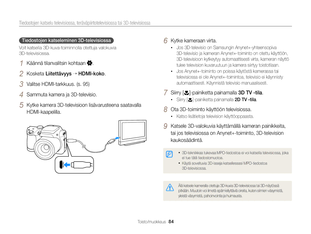 Samsung EC-WB100ZBABE2 manual Sammuta kamera ja 3D-televisio, Tiedostojen katseleminen 3D-televisiossa 